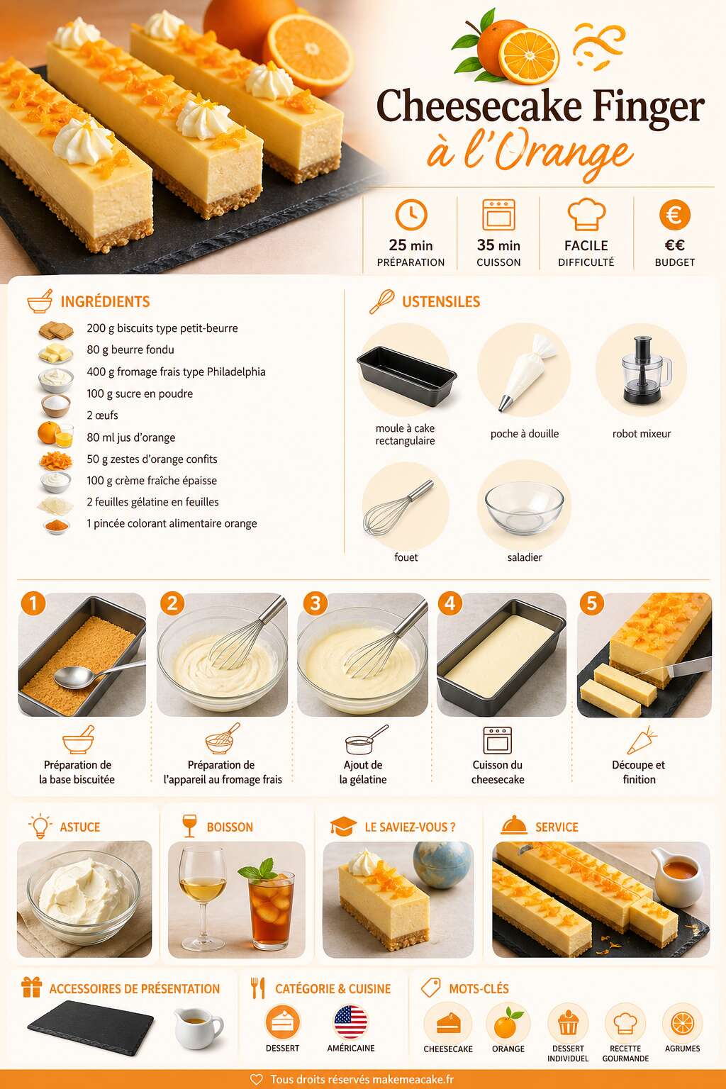 Fiche recette Cheesecake Finger &agrave; l'Orange : recette Gourmande