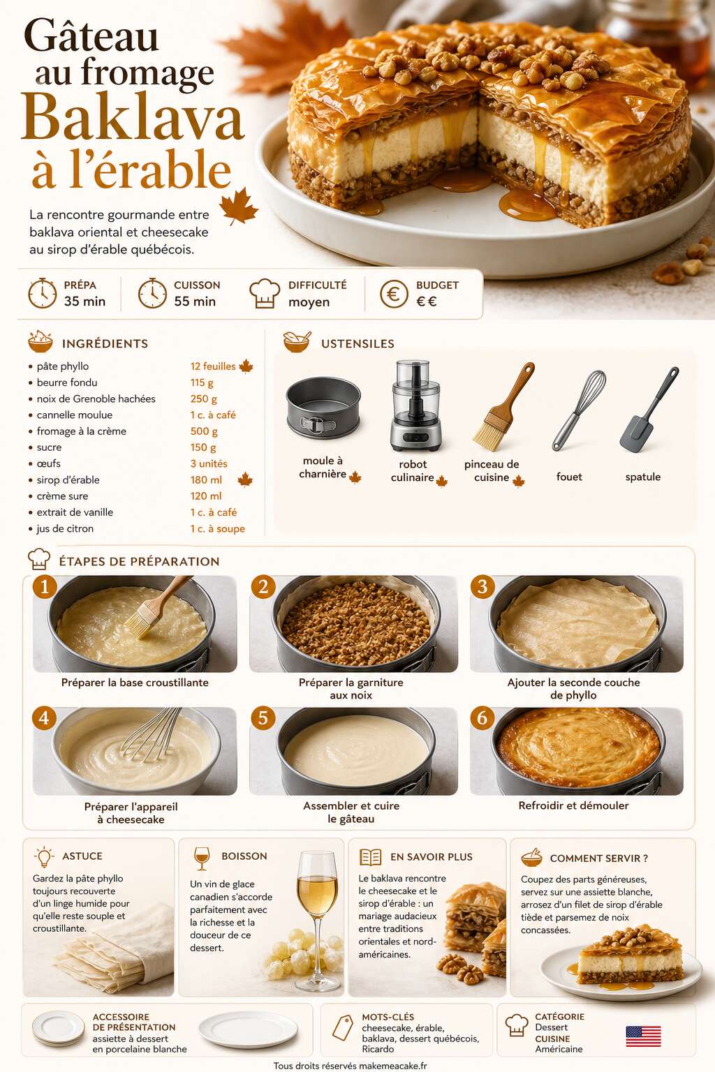 Fiche recette Gâteau au fromage Baklava à l'érable : recette gourmande de Ricardo Fiche recette Gâteau au fromage Baklava à l'érable : recette gourmande de Ricardo