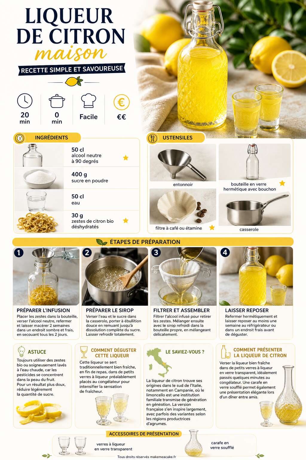 Fiche recette Liqueur de citron maison : recette simple et savoureuse Fiche recette Liqueur de citron maison : recette simple et savoureuse