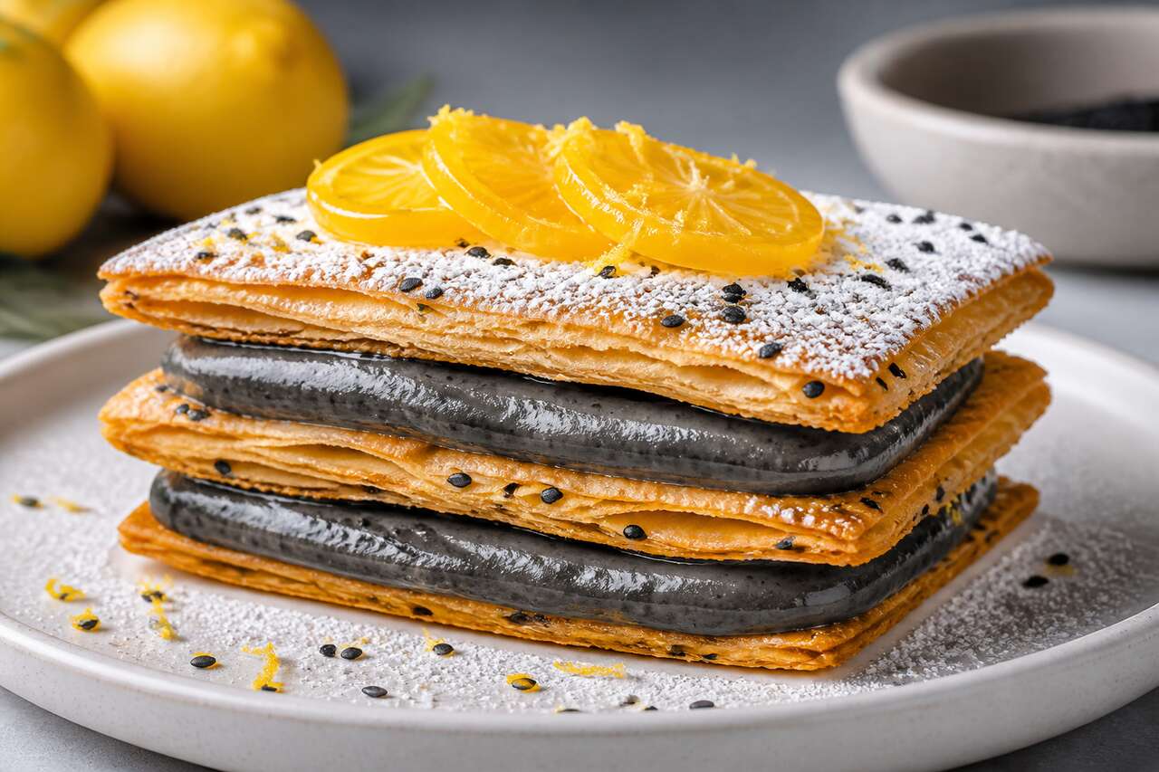 Recette mille-feuille sésame noir et citron Meyer