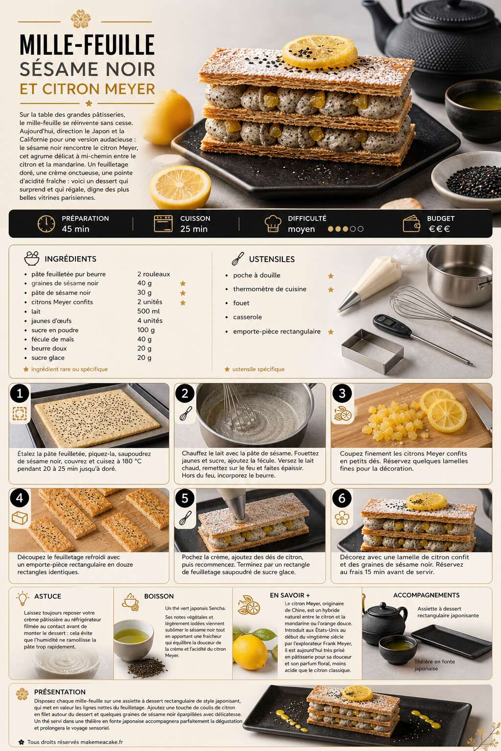 Fiche recette Recette mille-feuille s&eacute;same noir et citron Meyer