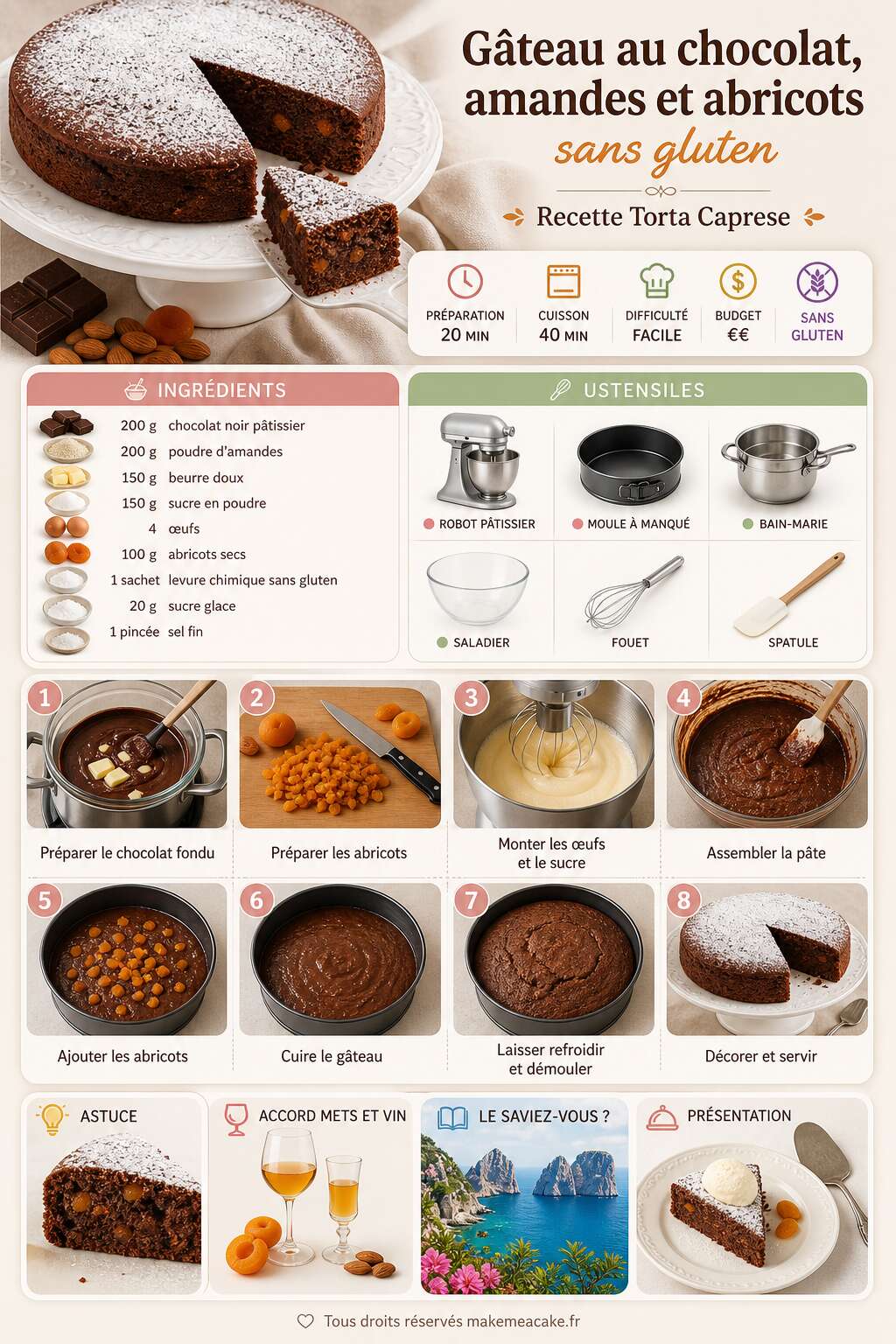 Fiche recette Gâteau au chocolat, amandes et abricots sans gluten : recette Torta Caprese Fiche recette Gâteau au chocolat, amandes et abricots sans gluten : recette Torta Caprese