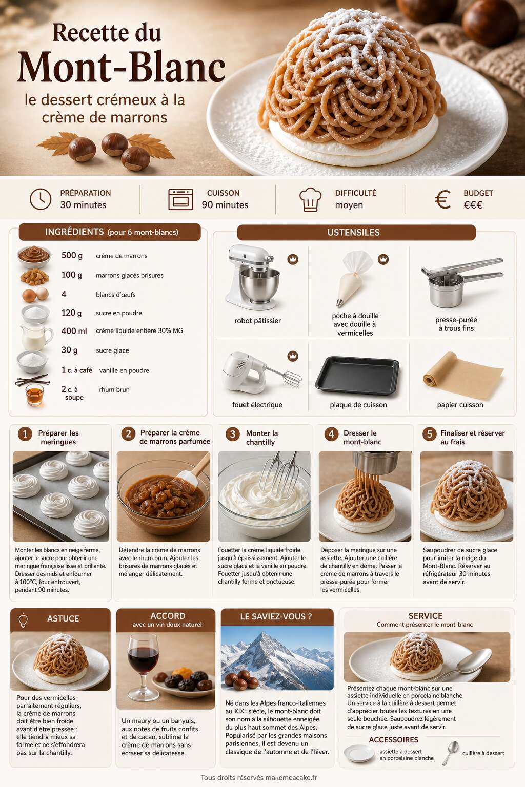 Fiche recette Recette du Mont-Blanc : le dessert cr&eacute;meux &agrave; la cr&egrave;me de marrons