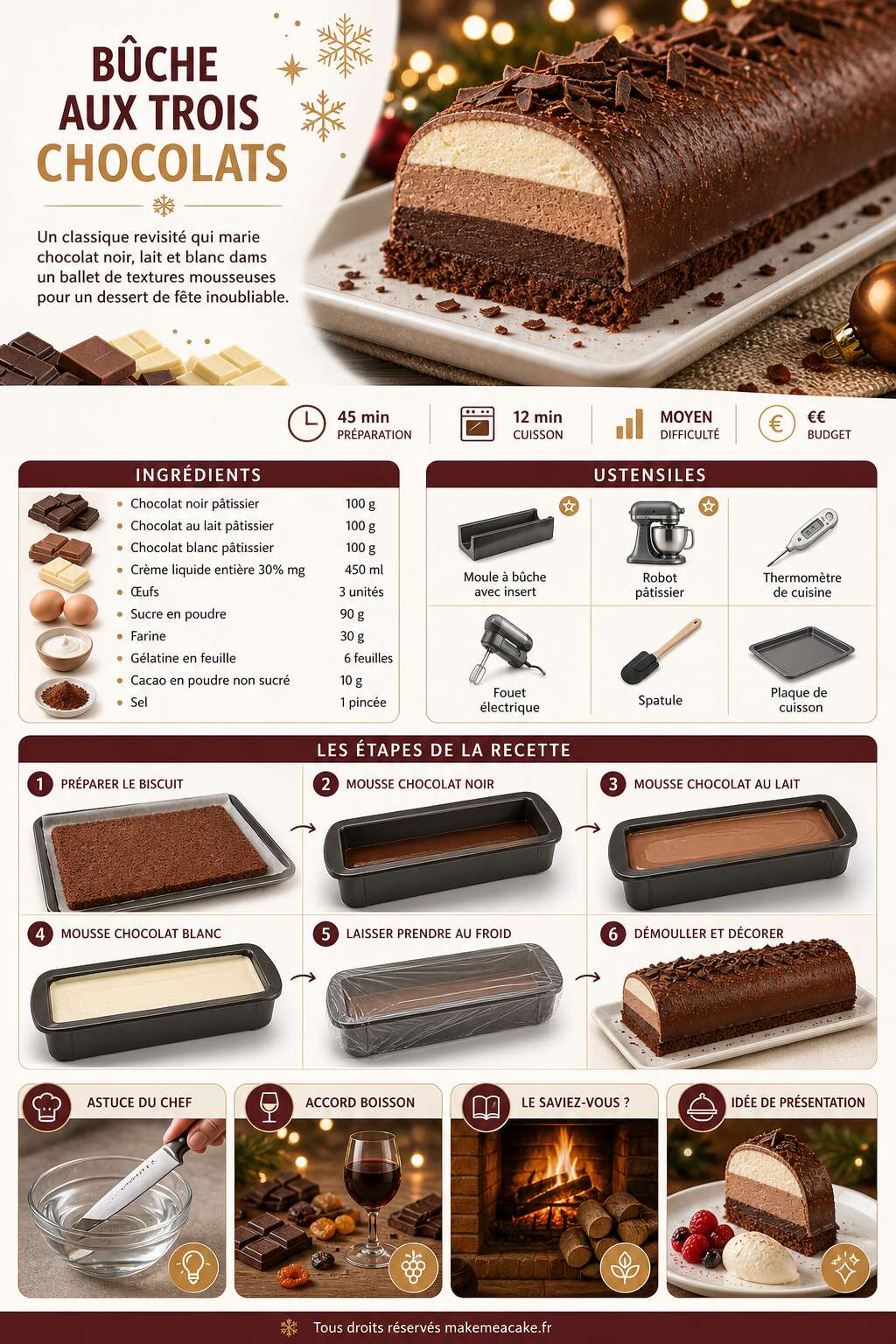Fiche recette B&ucirc;che aux trois chocolats : recette gourmande