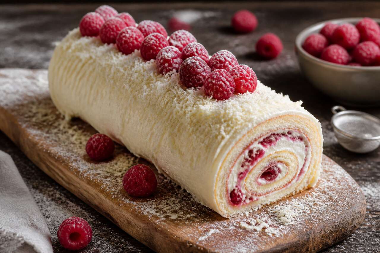 Bûche sans gluten chocolat blanc, yogourt et framboises