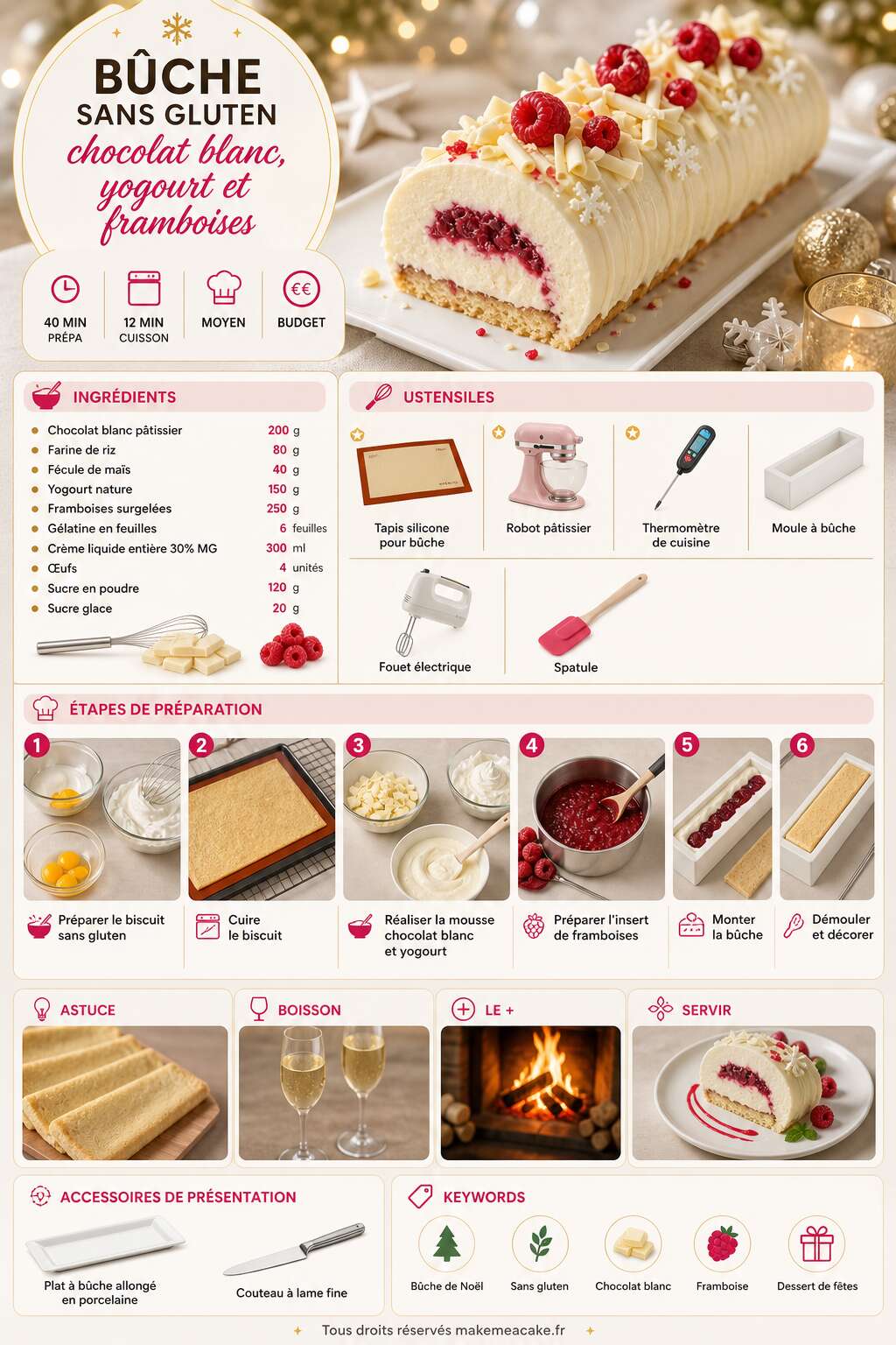 Fiche recette Bûche sans gluten chocolat blanc, yogourt et framboises Fiche recette Bûche sans gluten chocolat blanc, yogourt et framboises