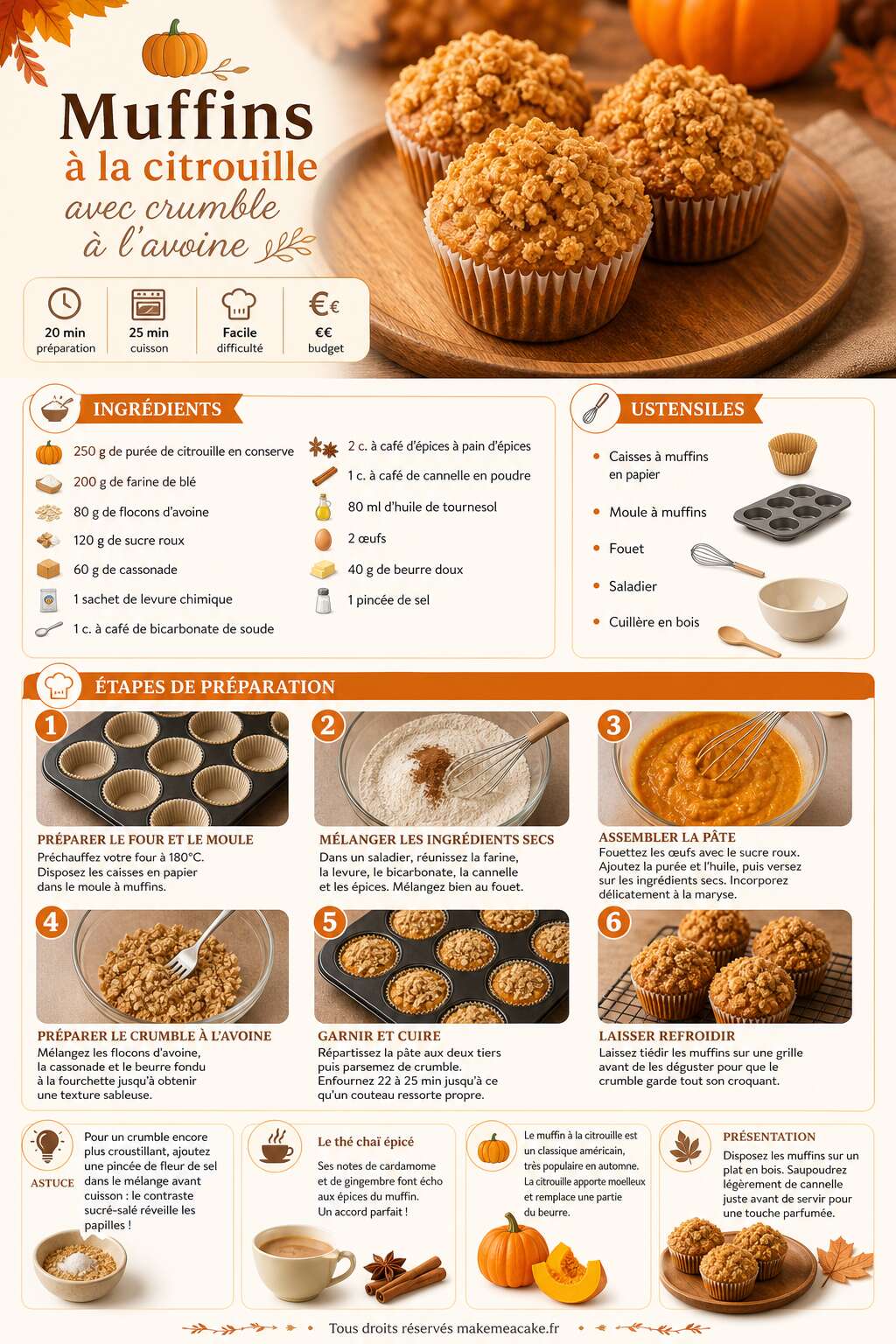 Fiche recette Muffins à la citrouille : recette avec crumble à l'avoine Fiche recette Muffins à la citrouille : recette avec crumble à l'avoine