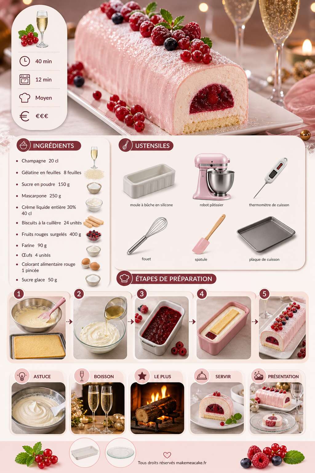 Fiche recette Bûche champagne et fruits rouges : recette gourmande Fiche recette Bûche champagne et fruits rouges : recette gourmande