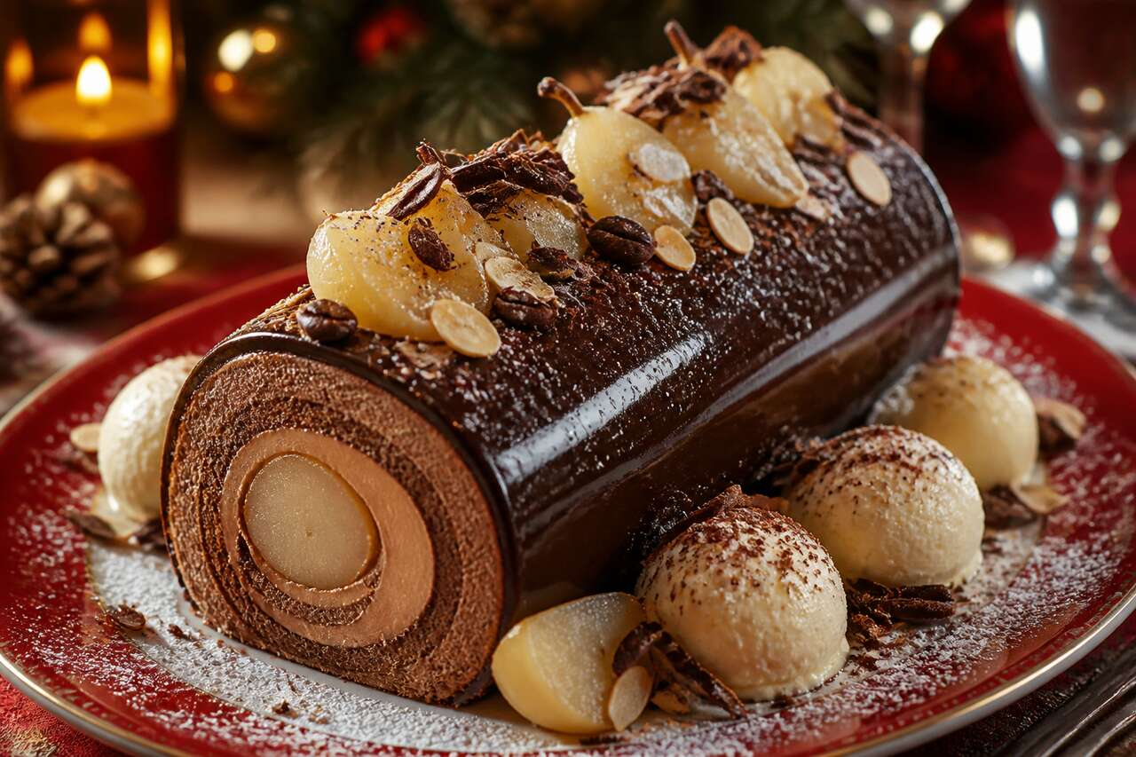 Bûche de Noël façon Belle-Hélène : recette gourmande