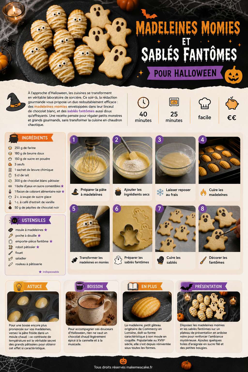 Fiche recette Madeleines momies et sablés fantômes pour Halloween Fiche recette Madeleines momies et sablés fantômes pour Halloween