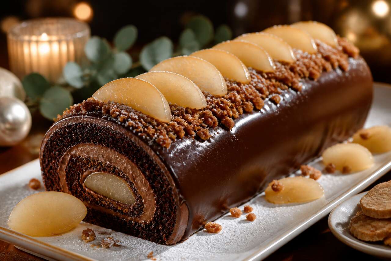Bûche poire chocolat et spéculoos croustillante