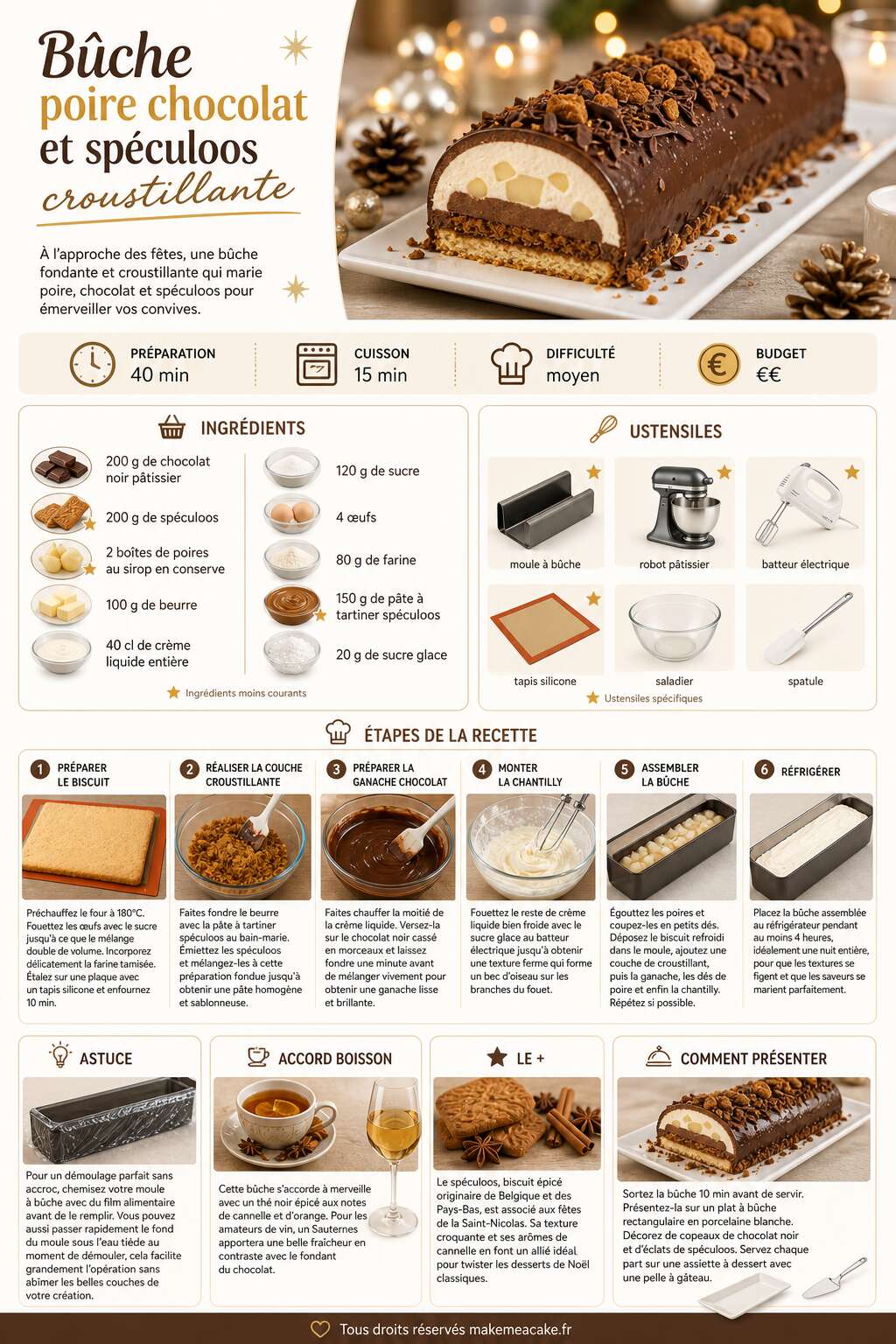 Fiche recette Bûche poire chocolat et spéculoos croustillante Fiche recette Bûche poire chocolat et spéculoos croustillante