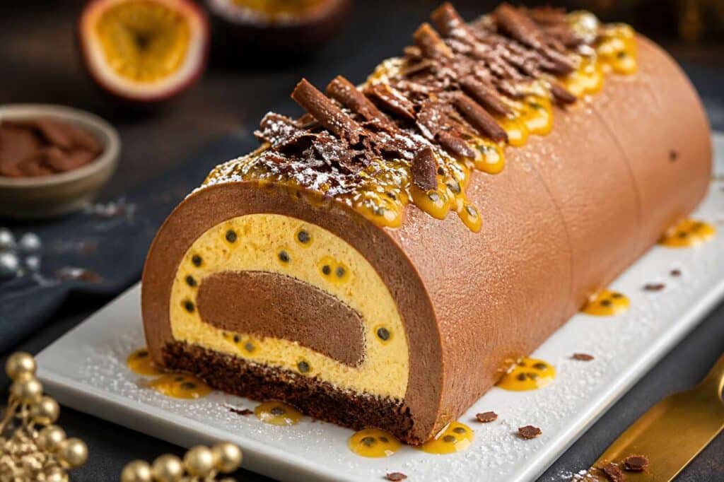 Bûche chocolat au lait et fruit de la passion : recette gourmande