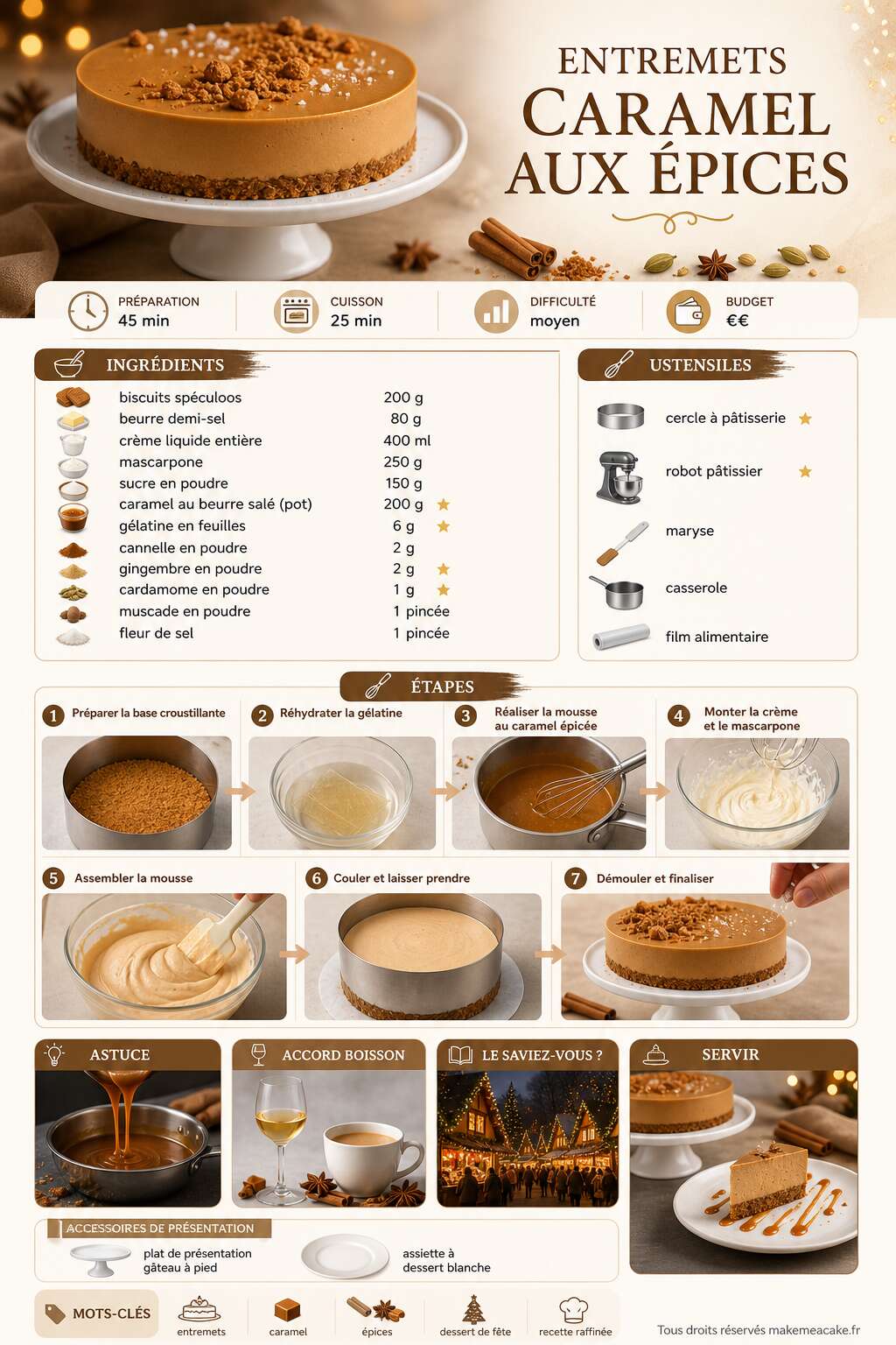 Fiche recette Entremets caramel aux épices : recette gourmande et raffinée Fiche recette Entremets caramel aux épices : recette gourmande et raffinée