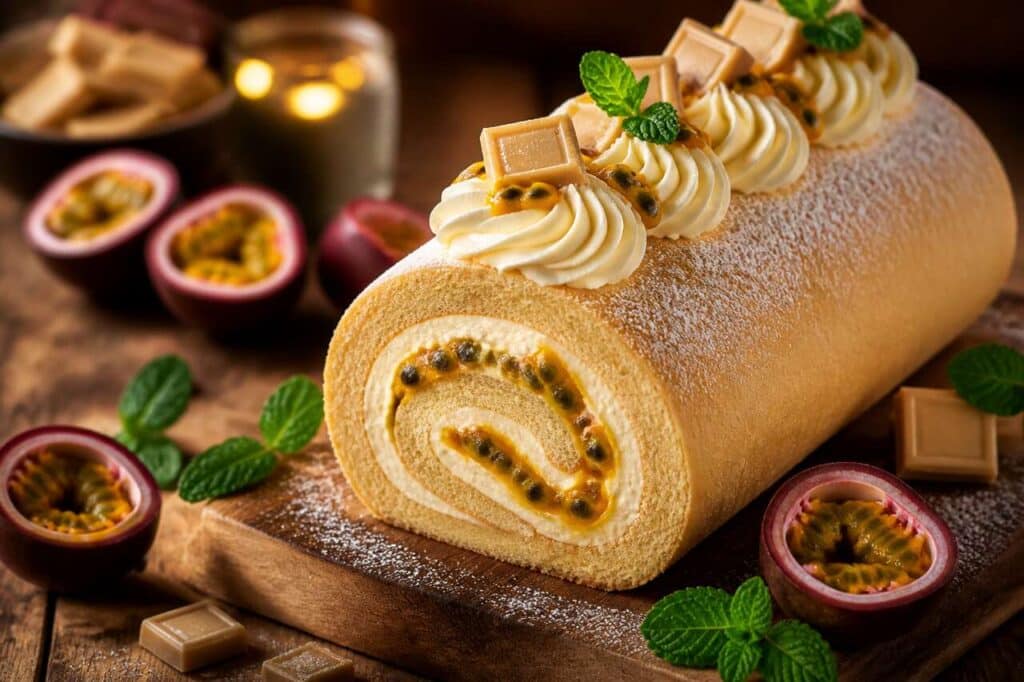Bûche roulée Dulcey et fruit de la passion : recette gourmande
