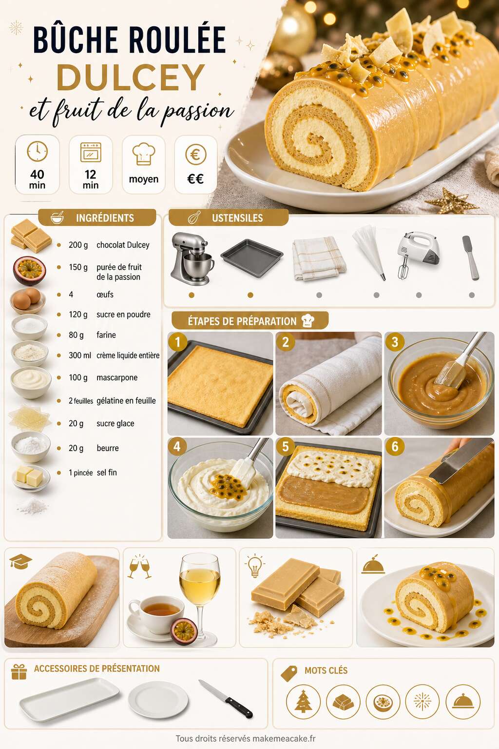 Fiche recette Bûche roulée Dulcey et fruit de la passion : recette gourmande Fiche recette Bûche roulée Dulcey et fruit de la passion : recette gourmande