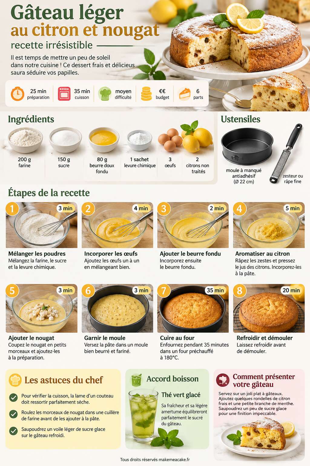 Fiche recette Gâteau léger au citron et nougat : recette irrésistible Fiche recette Gâteau léger au citron et nougat : recette irrésistible