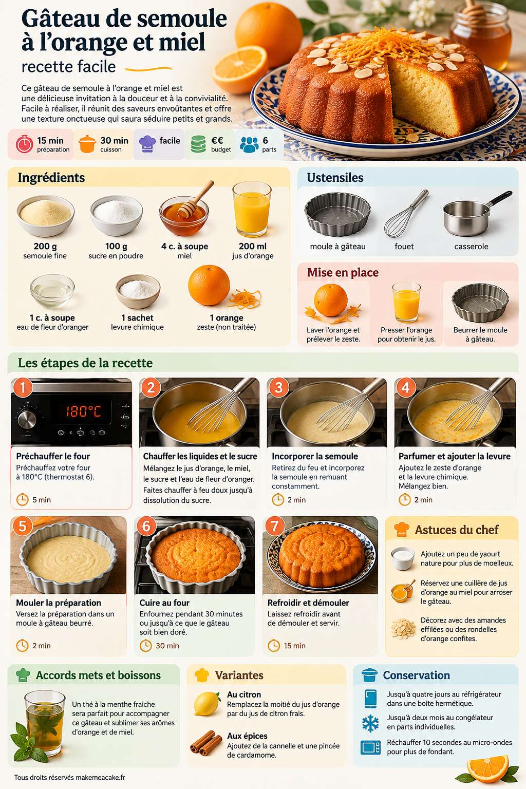 Fiche recette Gâteau de semoule à l'orange et miel : recette facile Fiche recette Gâteau de semoule à l'orange et miel : recette facile