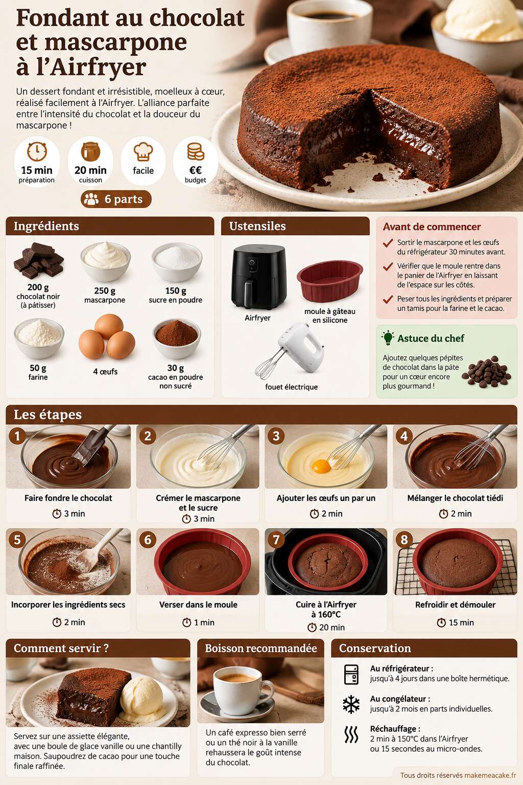 Fiche recette Fondant au chocolat et mascarpone à l'Airfryer Fiche recette Fondant au chocolat et mascarpone à l'Airfryer