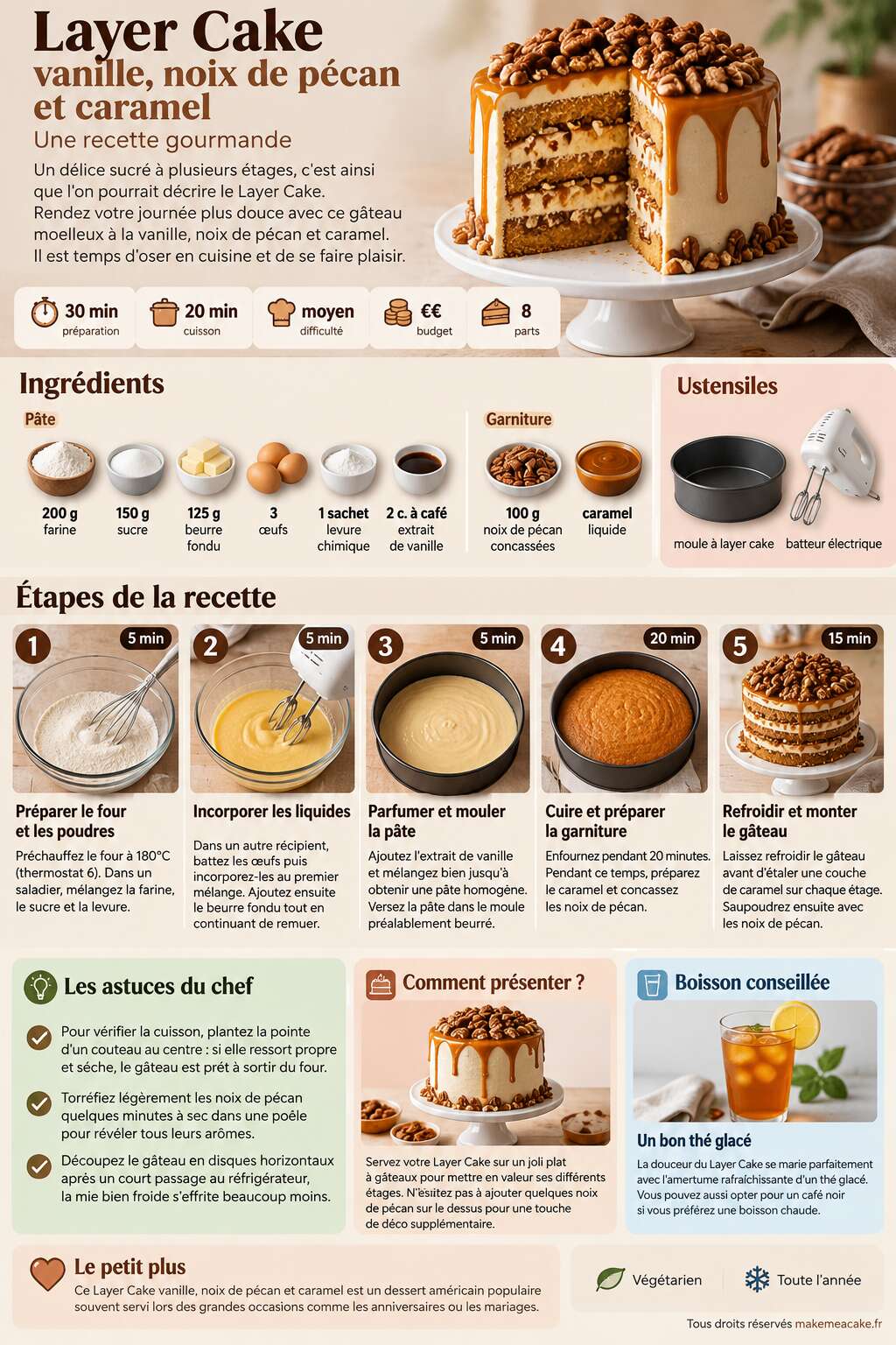 Fiche recette Layer Cake vanille, noix de pécan et caramel : recette gourmande Fiche recette Layer Cake vanille, noix de pécan et caramel : recette gourmande