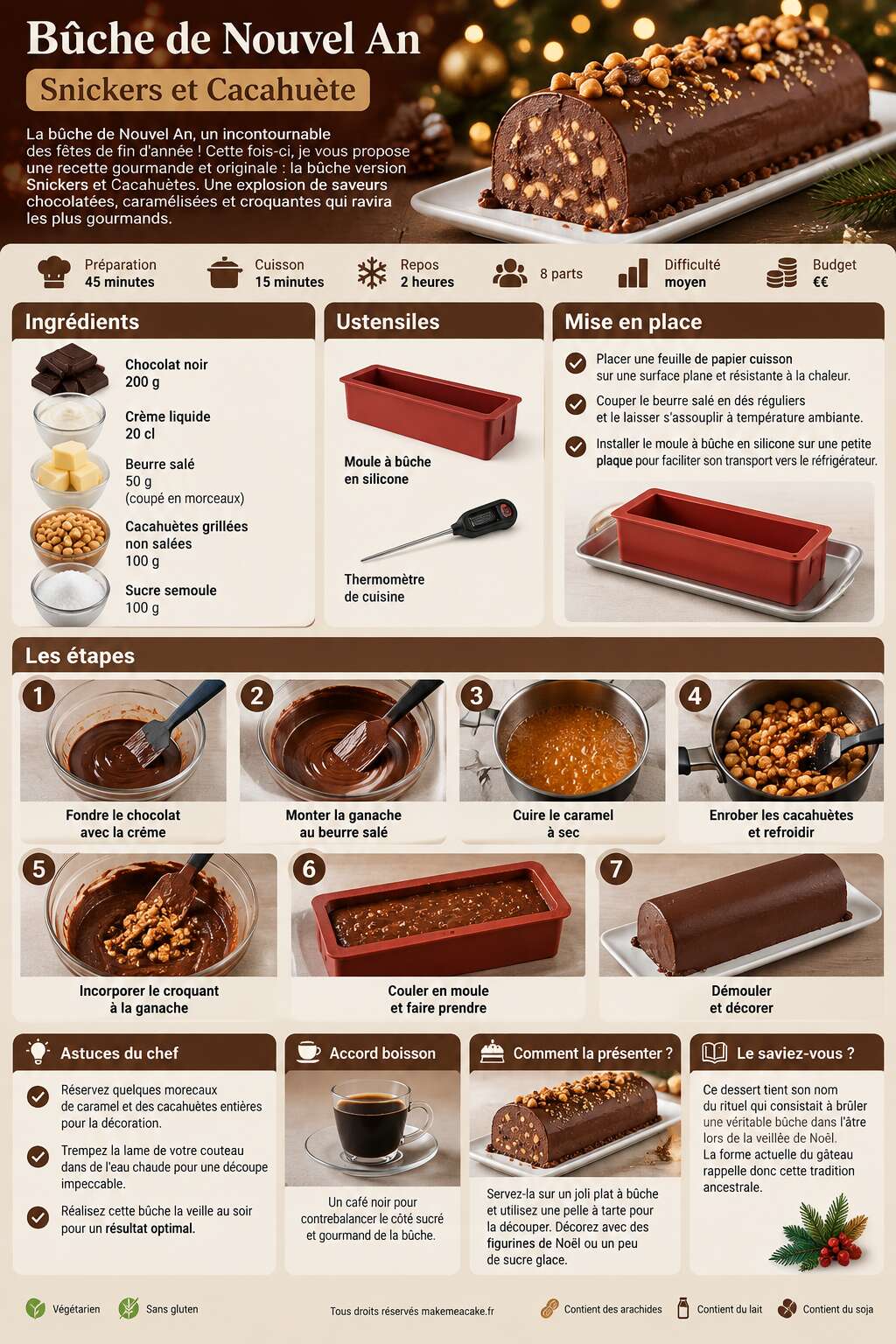 Fiche recette Bûche de Nouvel An : recette Snickers et Cacahuète Fiche recette Bûche de Nouvel An : recette Snickers et Cacahuète