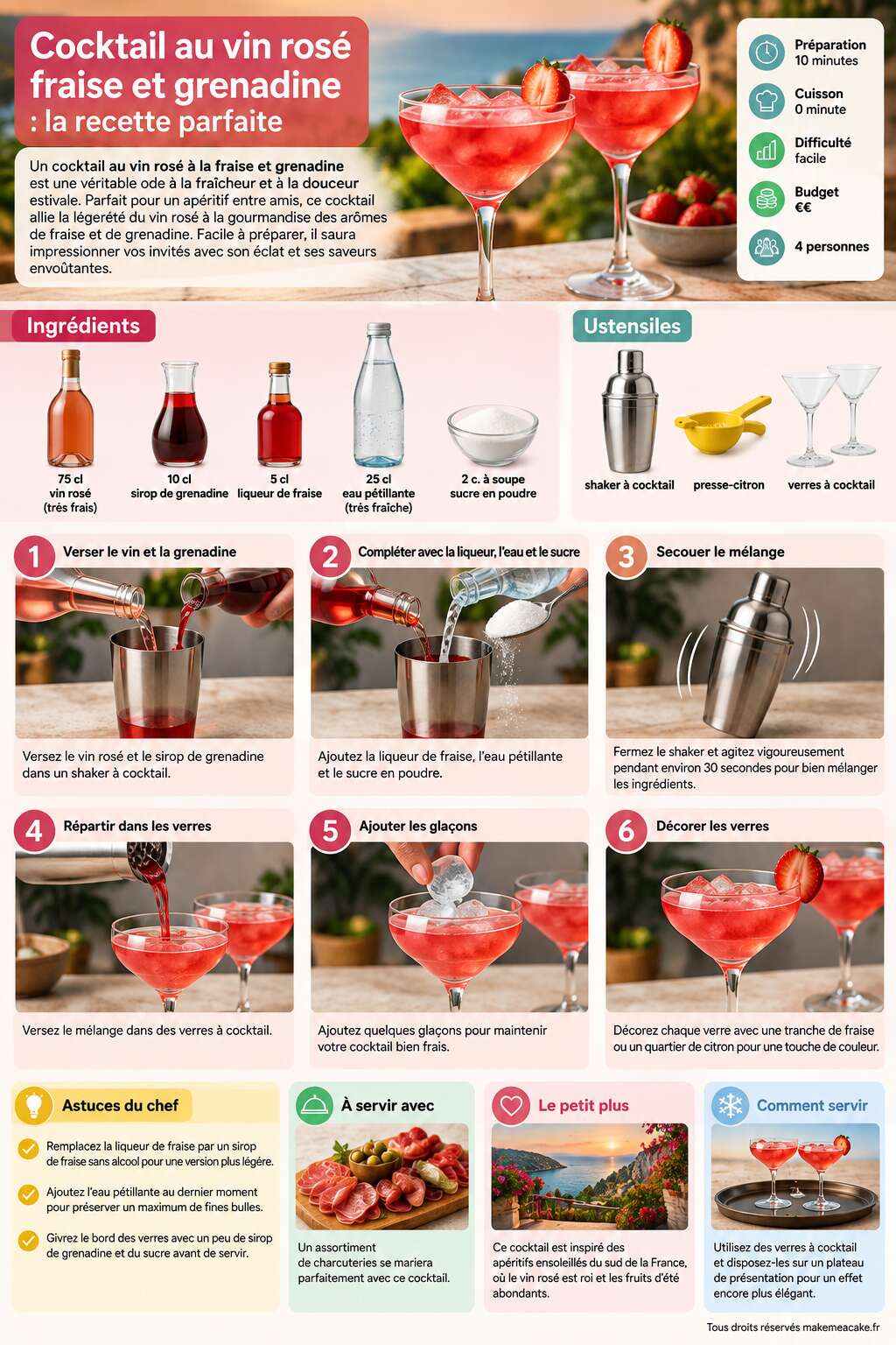 Fiche recette Cocktail au vin rosé fraise et grenadine : la recette parfaite Fiche recette Cocktail au vin rosé fraise et grenadine : la recette parfaite