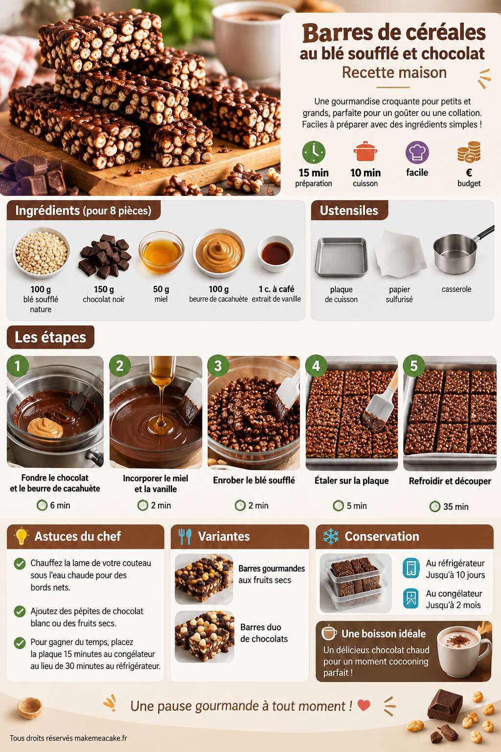 Fiche recette Barres de céréales au blé soufflé et chocolat : recette maison Fiche recette Barres de céréales au blé soufflé et chocolat : recette maison