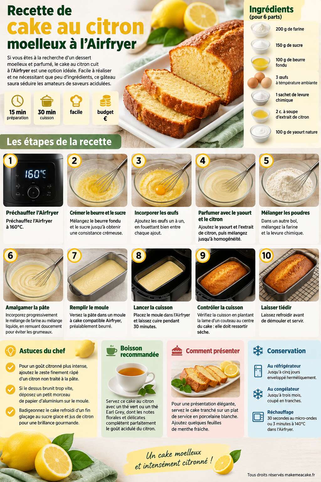 Fiche recette Recette de cake au citron moelleux à l'Airfryer Fiche recette Recette de cake au citron moelleux à l'Airfryer
