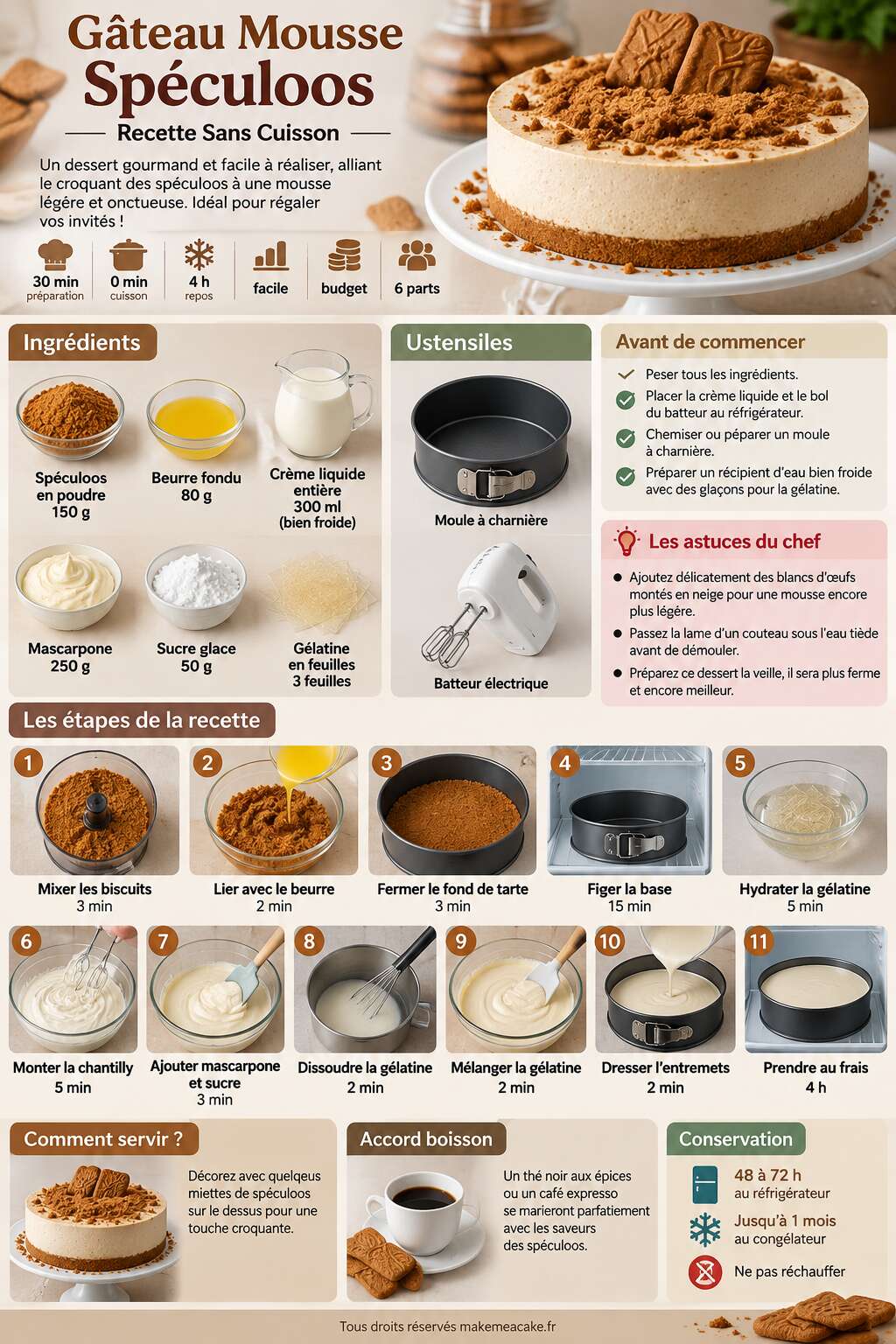 Fiche recette Gâteau Mousse Spéculoos : recette Sans Cuisson Fiche recette Gâteau Mousse Spéculoos : recette Sans Cuisson