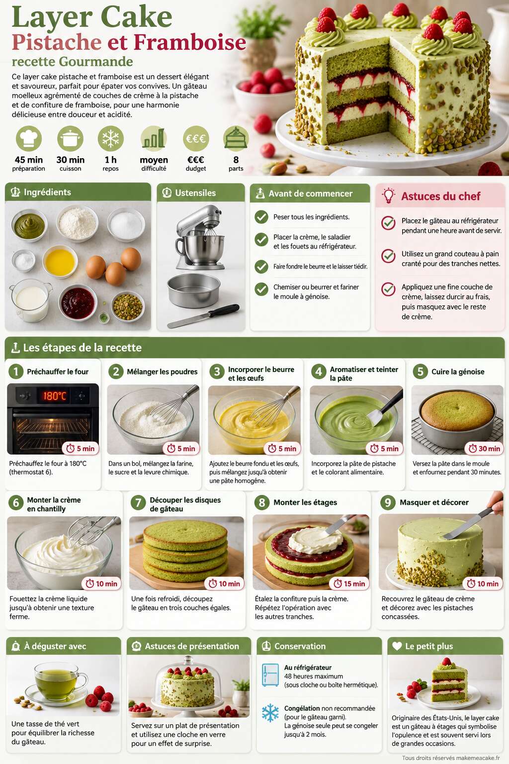 Fiche recette Layer Cake Pistache et Framboise : recette Gourmande Fiche recette Layer Cake Pistache et Framboise : recette Gourmande
