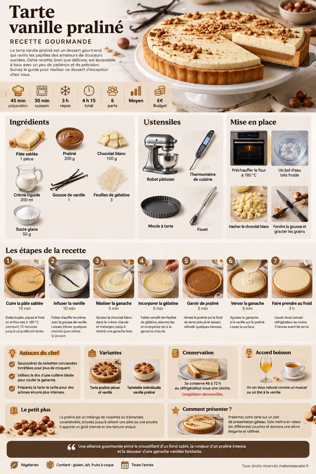 Fiche recette Recette gourmande : tarte vanille pralin&eacute;