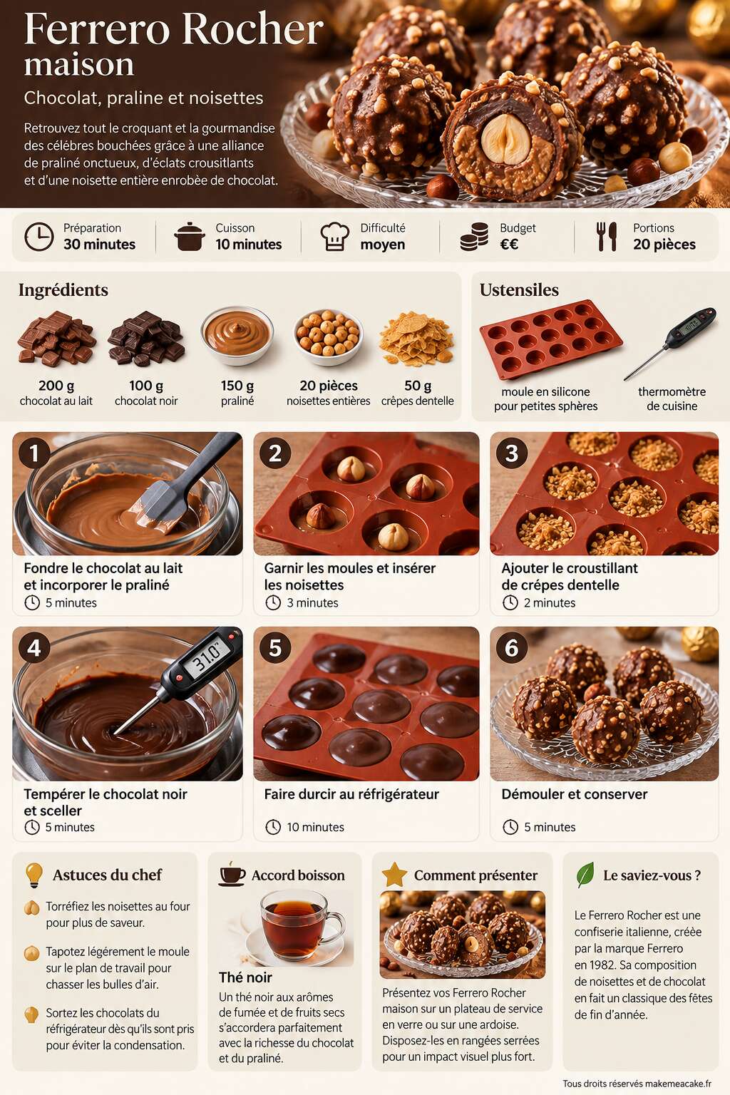 Fiche recette Recette Ferrero Rocher maison : chocolat, praline et noisettes Fiche recette Recette Ferrero Rocher maison : chocolat, praline et noisettes