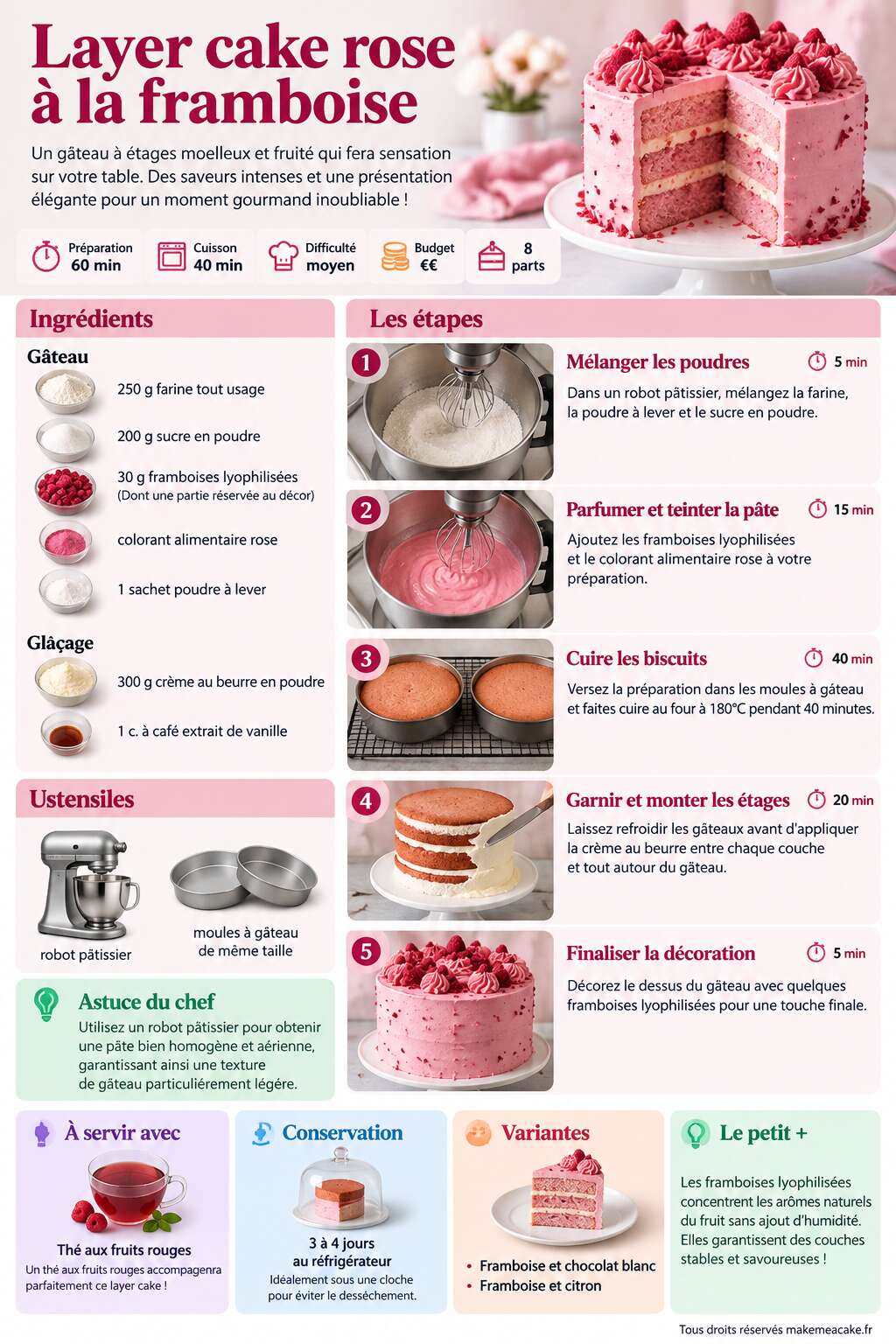 Fiche recette Recette de layer cake rose à la framboise Fiche recette Recette de layer cake rose à la framboise