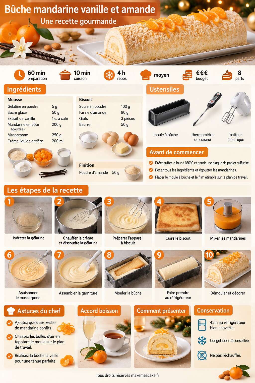 Fiche recette B&ucirc;che mandarine vanille et amande : une recette gourmande